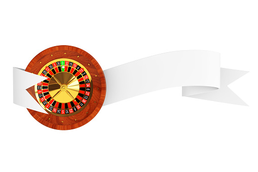 Casino Roulette Wheel with Ribbon Banner on a white background. 3d Rendering.