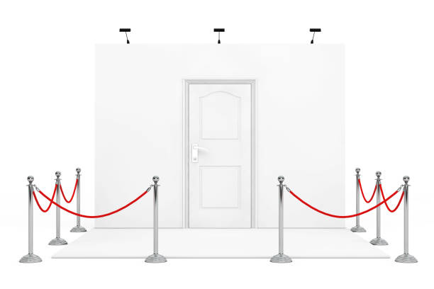 istock Barrier Rope Around Trade Show Booth with White Door. 3d Rendering 646426836