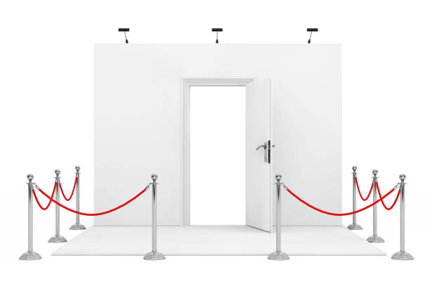 istock Barrier Rope Around Trade Show Booth with White Opened Door. 3d Rendering 646427000