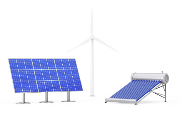 istock Blue Solar Panels, Windmills and Water Heater Panel. 3d Rendering 646431684