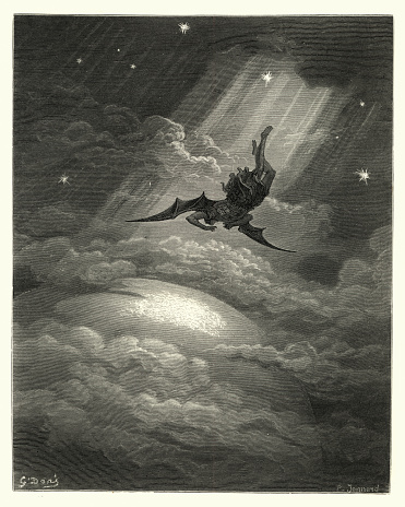 Vintage engraving by Gustave Dore, from Milton's Paradise Lost. Towards the coast of Earth beneath, Down from the ecliptic, sped with hoped success, Throws his steep flight in many an aery wheel. Book III, lines 739 - 741