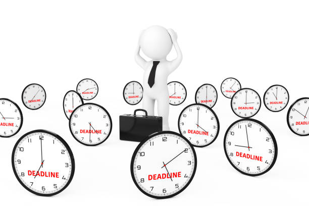 istock 3d Businessman Stressed in centre of Many Clock with Deadline Sign. 3d Rendering 646435514