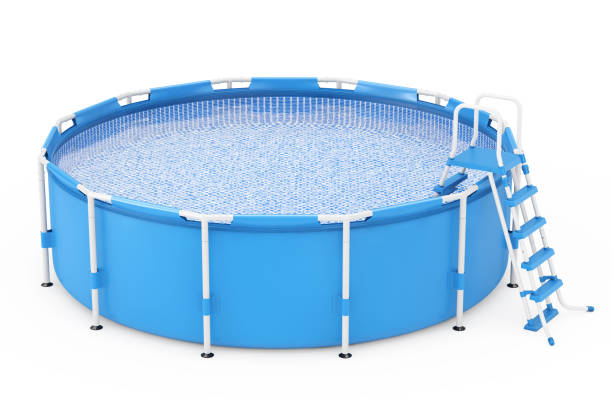 Blue Portable Outdoor Round Swimming Water Pool with Ladder. 3d Rendering