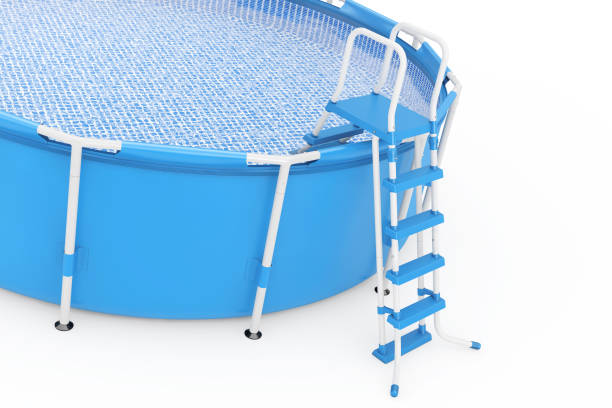 istock Blue Portable Outdoor Round Swimming Water Pool with Ladder. 3d Rendering 646435570