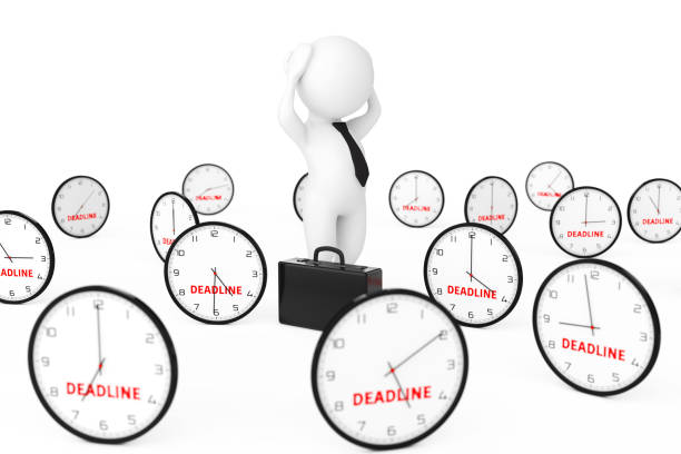 istock 3d Businessman Stressed in centre of Many Clock with Deadline Sign. 3d Rendering 646435580