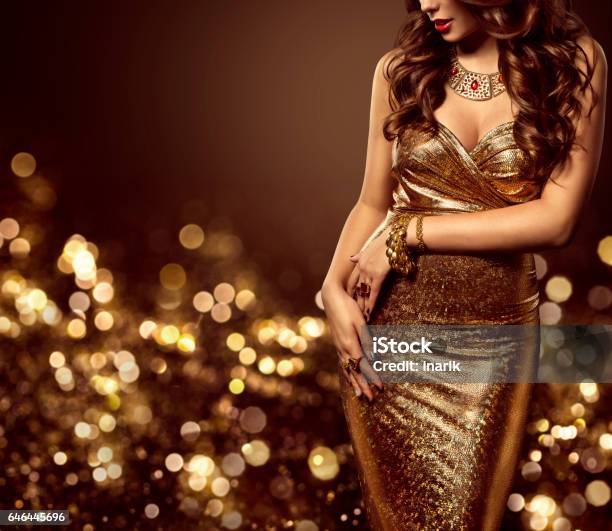 Fashion Model Body Gold Dress Woman Elegant Golden Sexy Gown Stock Photo - Download Image Now