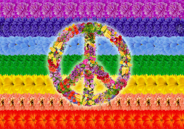 istock Peace floral symbol on rainbow Islamic flag background. Abstract handmade collage from summer flowers 646452020