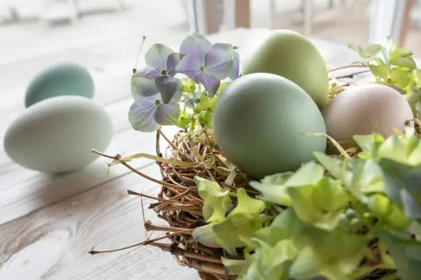 Easter decoration with pastel colored eggs in a nest of straw on a white wooden table