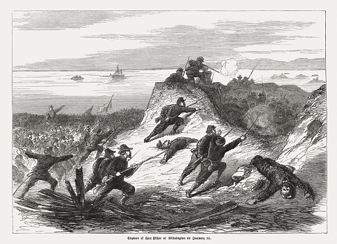 The battle of Fort Fisher was the most decisive one of the American Civil War fought in North Carolina. Wood engraving, published in 1865.