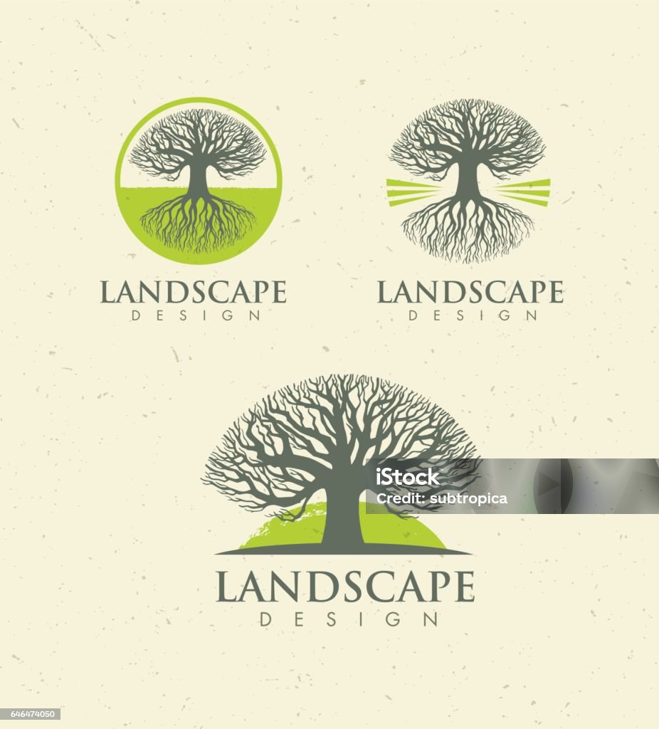 Landscape Design Creative Vector Concept. Tree With Roots Inside Circle Organic Sign Set On Craft Paper Background. Landscape Design Creative Vector Concept. Tree With Roots Inside Circle Organic Sign Set On Craft Paper Background Oak Tree stock vector