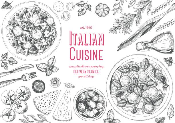 ilustrações, clipart, desenhos animados e ícones de quadro de vista superior de cozinha italiana. - italian cuisine illustrations