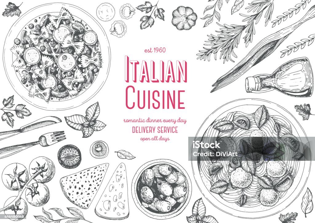 Italian cuisine top view frame. Italian cuisine top view frame. Italian food menu design. Vintage hand drawn sketch vector illustration. Illustration stock vector