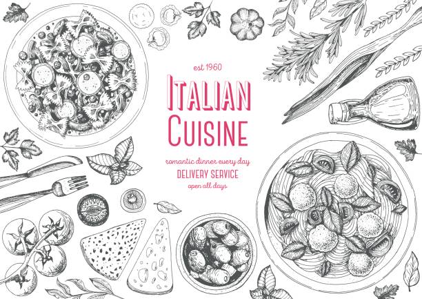 Italian cuisine top view frame. Italian cuisine top view frame. Italian food menu design. Vintage hand drawn sketch vector illustration. meat borders stock illustrations
