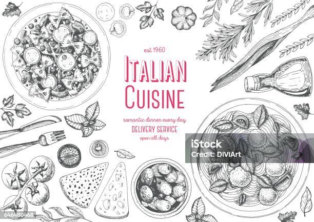 Italian Cuisine Top View Frame Stock Illustration - Download Image Now - Illustration, Italian Food, Food