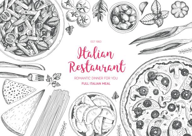 итальянская кухня верхнего вида кадра. - food italian culture salad spaghetti stock illustrations