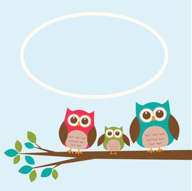 illustrazioni stock, clip art, cartoni animati e icone di tendenza di famiglia di gufi carina sul ramo con posto per il testo - bird spring family cartoon