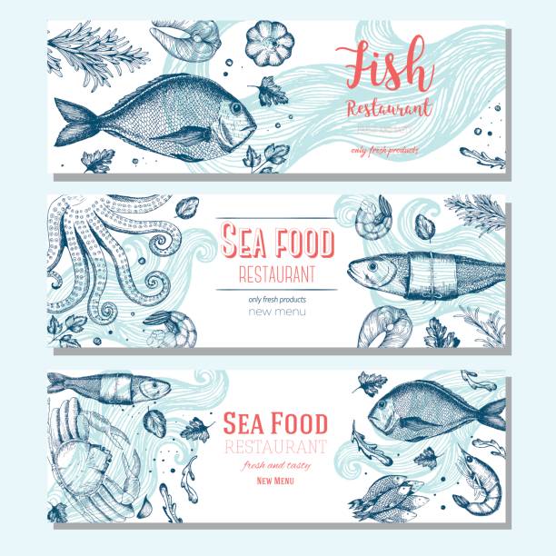 meeresfrüchte-vintage-design-vorlage. horizontale banner gesetzt. - fish seafood lobster salmon stock-grafiken, -clipart, -cartoons und -symbole