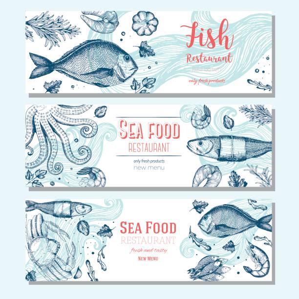 illustrazioni stock, clip art, cartoni animati e icone di tendenza di modello di design vintage di pesce. banner orizzontali impostati. - seafood