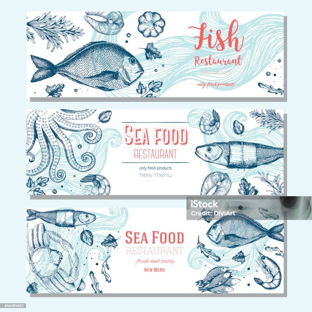 Seafood vintage design template. Horizontal banners set. Seafood vintage design template. Horizontal banners set. Vector illustration hand drawn linear art. Fish and seafood restaurant menu. Hand drawn sketch seafood vector banners Seafood stock vector
