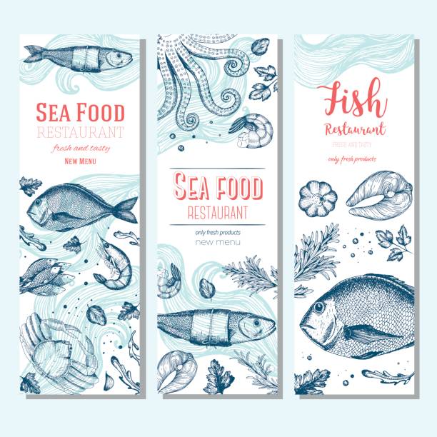 illustrazioni stock, clip art, cartoni animati e icone di tendenza di modello di design vintage di pesce. set di banner verticali. - gourmet food lobster seafood