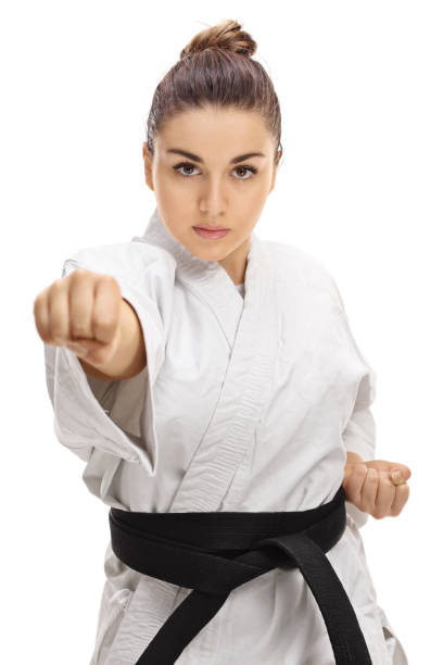 istock Girl in a kimono punching 646491946