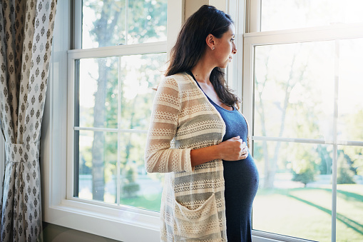 Cropped shot of a pregnant woman looking out the window at home