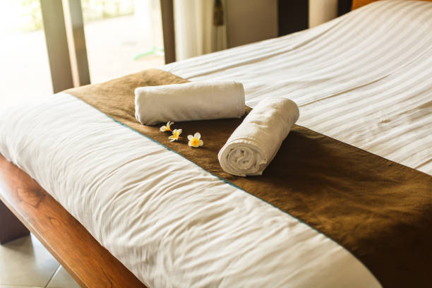 istock room in villa, towel on the bed 646504422