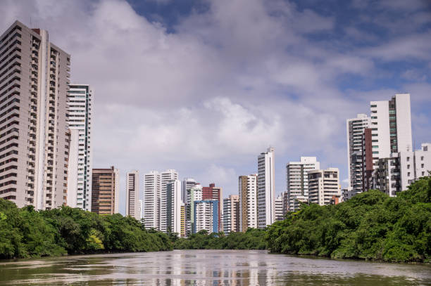 The skyline of Recife in Pernambuco, Brazil from river stock photo