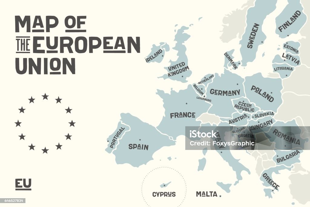 Poster map of the European Union with country names Poster map of the European Union with country names and capitals. Print map of EU for web and polygraphy, on business, ecomomic, political, Brexit and geography themes. Vector Illustration Europe stock vector