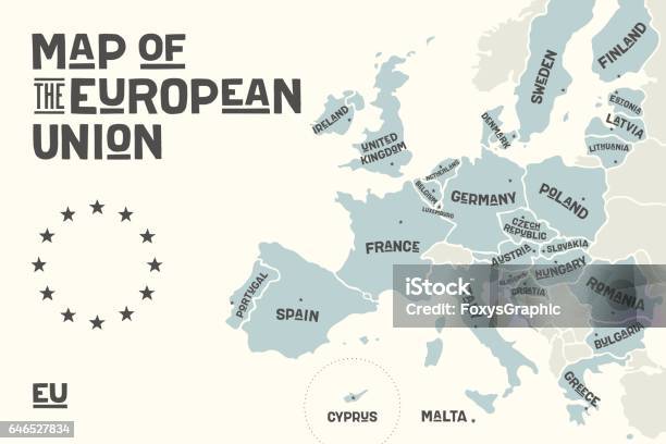 Poster Map Of The European Union With Country Names Stock Illustration - Download Image Now