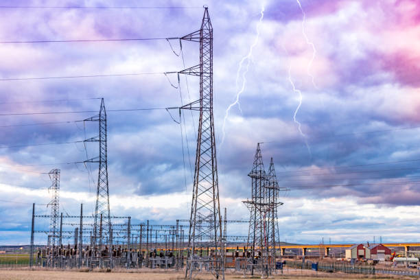 istock Electric driving towers at a sunset 646546614