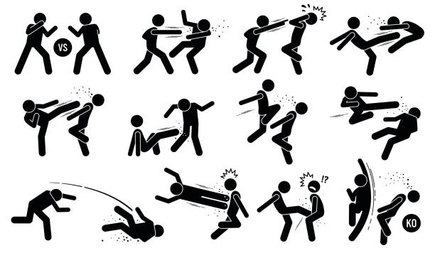 ilustraciones, imágenes clip art, dibujos animados e iconos de stock de calle lucha contra postura atacando - kicking tae kwon do martial arts flying