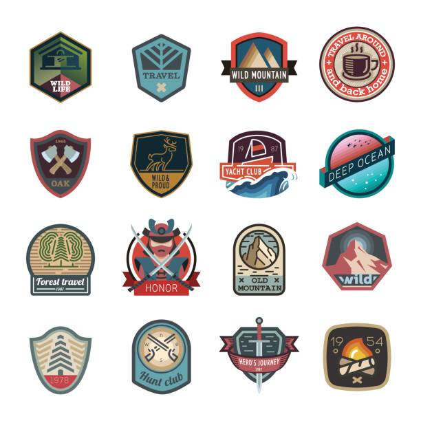 illustrations, cliparts, dessins animés et icônes de logo de voyage et le camping, emblème - animal crests shield