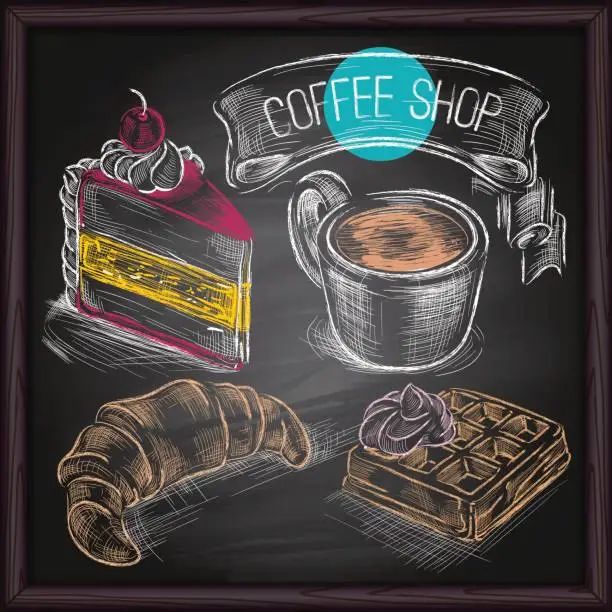 Vector illustration of Coffee & Cakes  drawing on chalkboard
