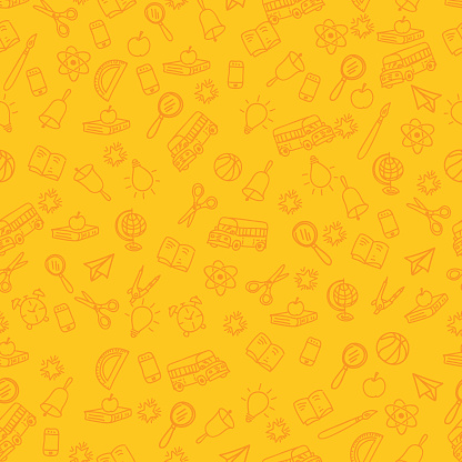 Back To School Supplies seamless pattern of icons. Lots of elements including books, bus, apple. Orange