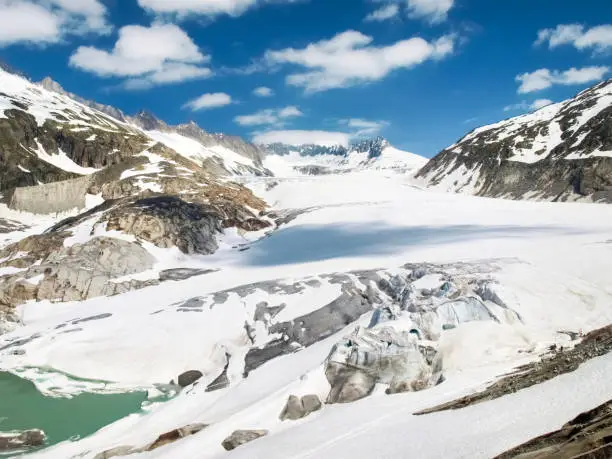Switzerland: Canton Valais. Rhone glacier melting due to the melting of glaciers.