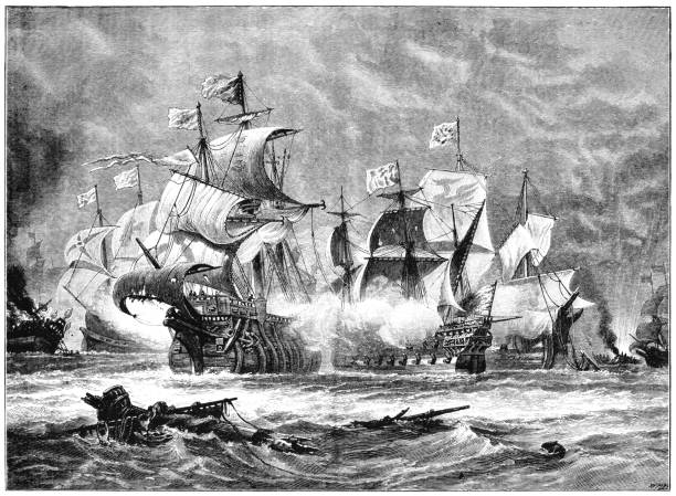 The Spanish Armada Fighting between the English fleet and the Spanish Armada during the abortive attempt by Spain to invade England in 1588. From “The Sunday at Home: A Family Magazine for Sabbath Reading, 1888”. Published in London by the Religious Tract Society. armada stock illustrations