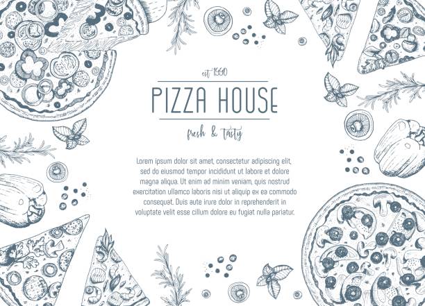 ilustraciones, imágenes clip art, dibujos animados e iconos de stock de ilustración de vector de marco vintage pizza. - pizza