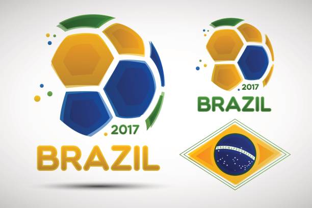 ilustrações de stock, clip art, desenhos animados e ícones de abstract soccer balls with brazilian national flag colors - set goals