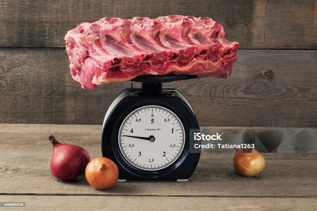 Meat On The Scales And Onions On A Wooden Table Stock Photo - Download  Image Now - Weight Scale, Meat, Steak - iStock