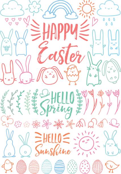 Happy Easter, set of vector doodles Happy Easter, hand-drawn bunnies, eggs and floral doodles, set of vector design elements easter drawings stock illustrations