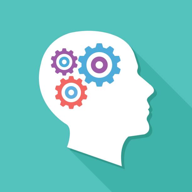 Human head with gears and cogs. Thinking process, idea generation, brain functioning. Modern flat design vector illustration Human head with gears and cogs. Thinking process, idea generation, brain functioning. Modern graphic design elements. Flat design vector illustration gears icon white stock illustrations