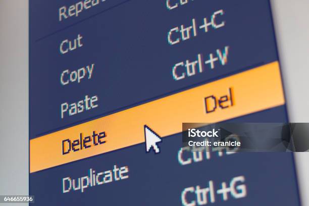 Software Menu Item With Delete Command Stock Photo - Download Image Now - File Folder, Computer Keyboard, Efficiency