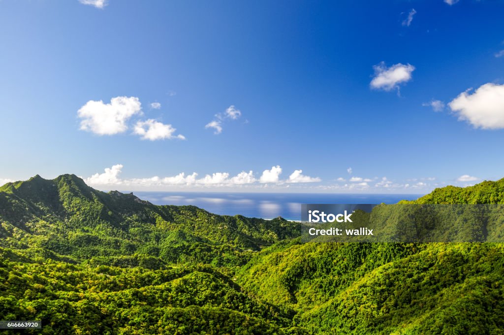 Stunning panorama view from a place called "The Needle" on Rarotonga, the main island of the Cook Islands in the South Pacific. The viewpoint can be reached through hiking the "Cross Island Walk". Cook Islands Stock Photo