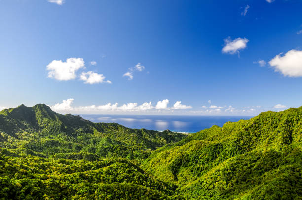stunning panorama view from a place called "the needle" on rarotonga, the main island of the cook islands in the south pacific. the viewpoint can be reached through hiking the "cross island walk". - south pacific ocean island polynesia tropical climate imagens e fotografias de stock