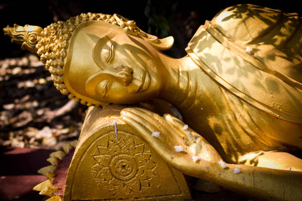 istock Golden sleeping Buddha with rice offering 646673760