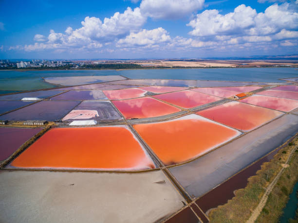 istock Aerial view of salt mines and sky with clouds 646675680