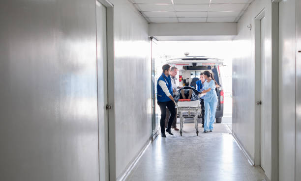 Doctors and paramedics attending an emergency arriving at the hospital in an ambulance