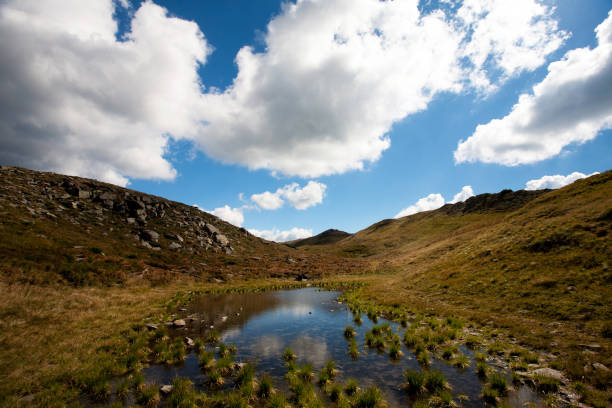 istock Mountain lake, white clouds and blue sky in Carpathian. 646693046