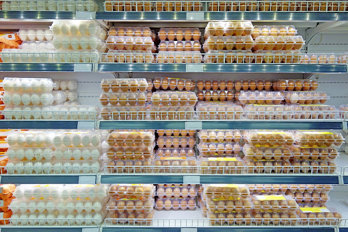 Packaging of chicken eggs on supermarket shelves cooled
